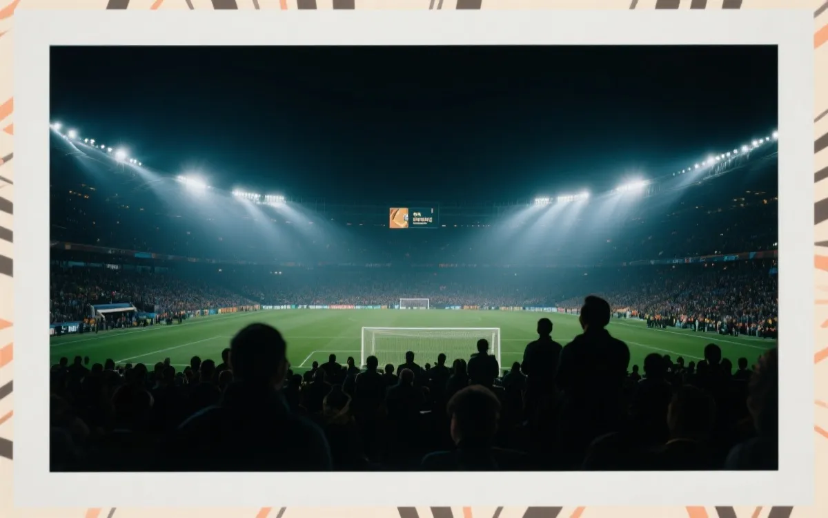世界杯淘汰赛夜晚球场氛围，观众与灯光形成强烈对比的纪实感画面